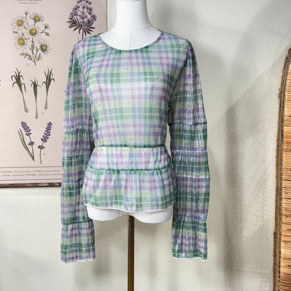 Anthropologie Porridge Sheer Plaid Metallic Top NWT Whimsy Twee Mod Retro L